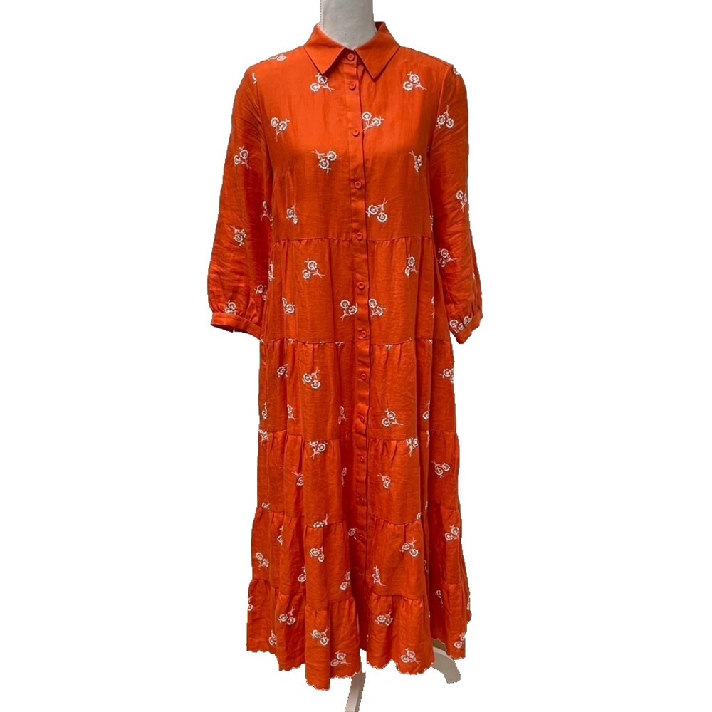ERDEM Patmos‎ Dress Linen Long Sleeve Midi Shirt Womens 6 Rust Boho Oversize